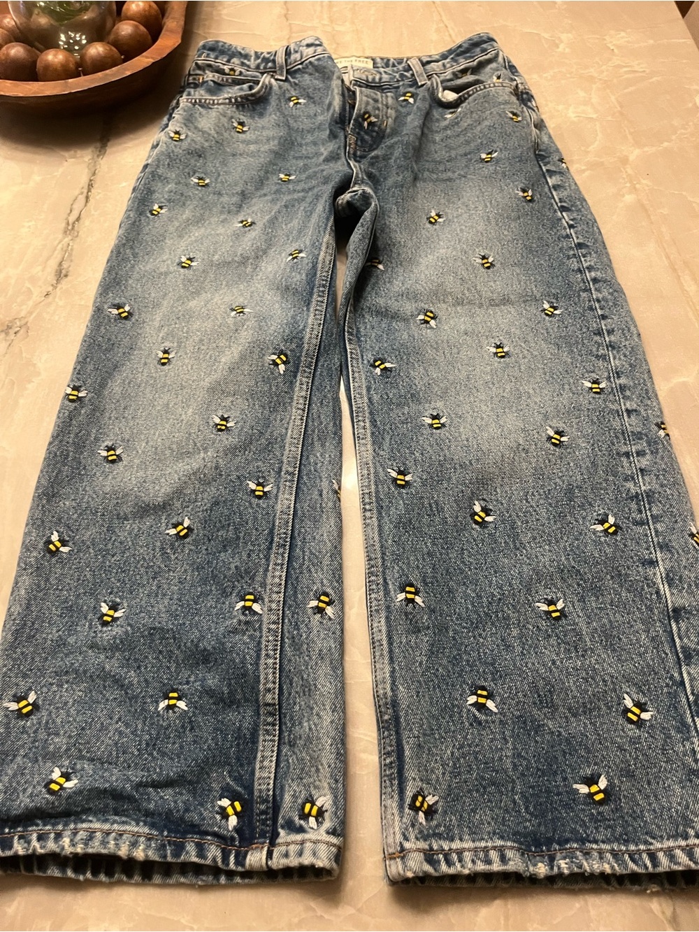 We The Free Blue Denim Wide-Leg Jeans with Bee Embroidery
